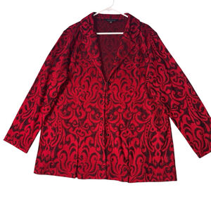 Women's MING WANG Cherry Red Black Patterned Knit Cardigan 2X